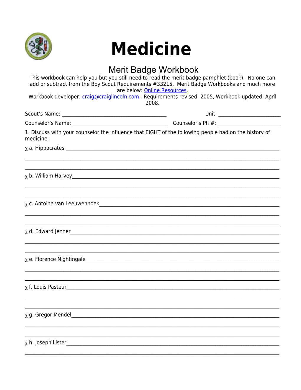 Medicine P. 7 Merit Badge Workbook Scout's Name: ______