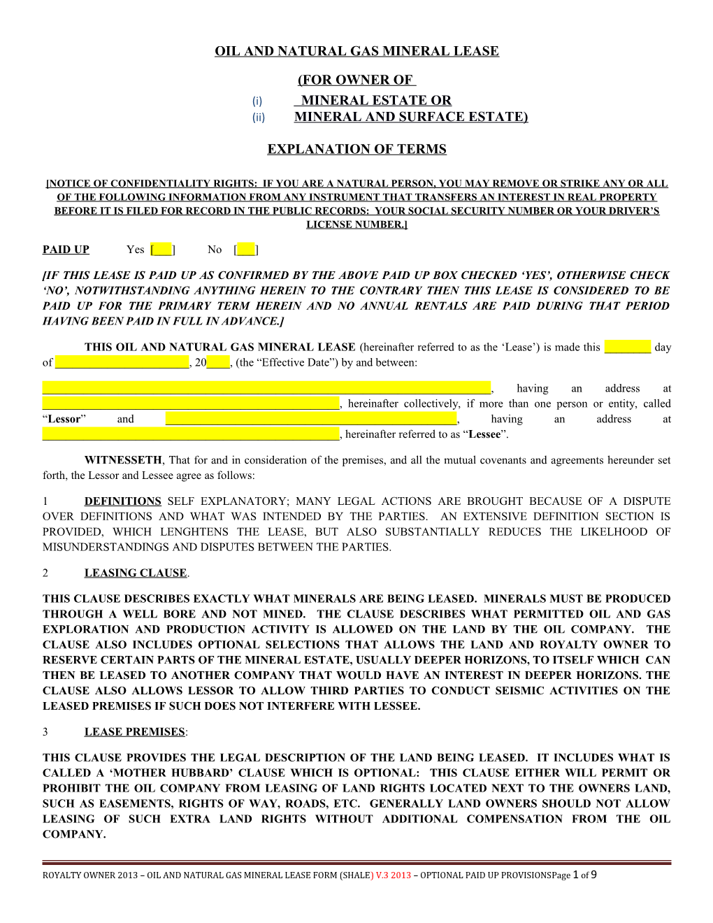 Oil and Natural Gas Mineral Lease