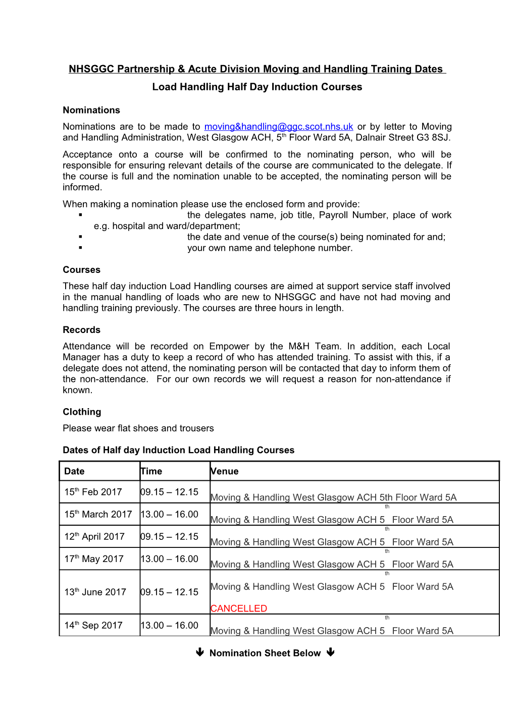 NHSGGC Partnership & Acute Division Moving and Handling Training Dates