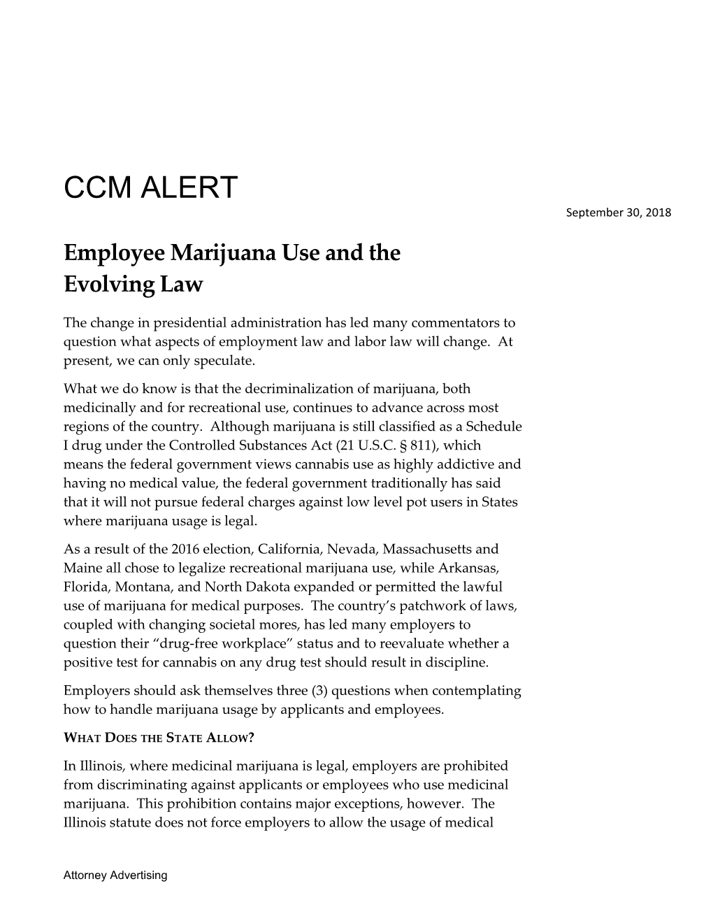 CCM Client Alert - Employee Marijuana Use and the Evolving Law (00335562-3)