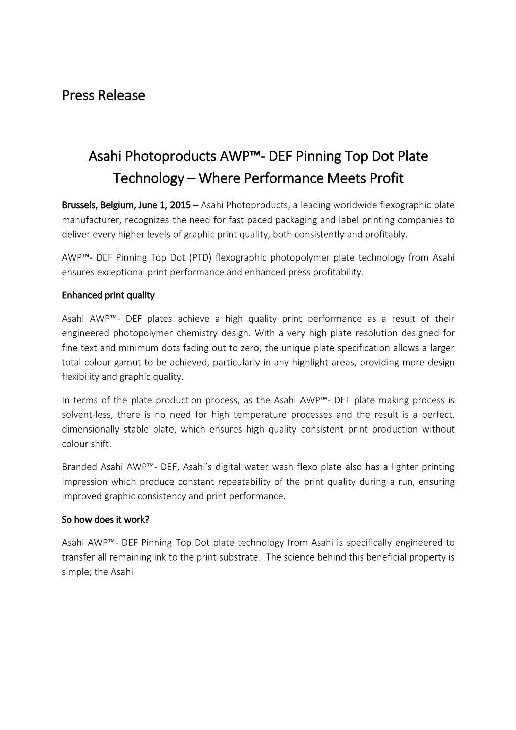 Asahi Photoproducts AWP - DEF Pinning Top Dot Plate Technology Where Performance Meets Profit