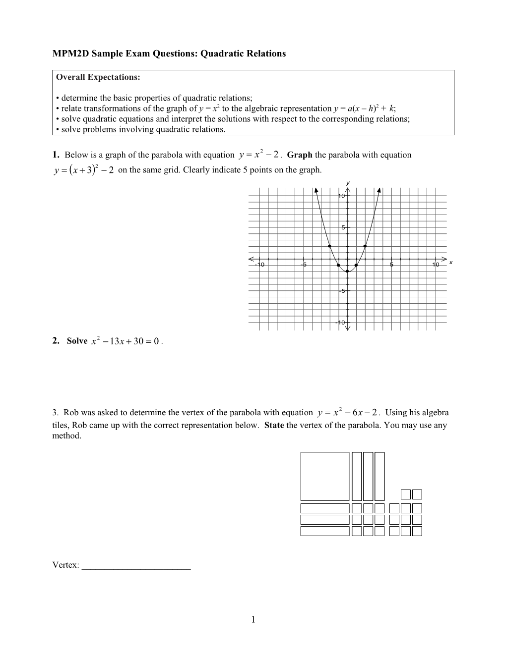 MPM2D Sample Exam Questions: Quadratic Relations