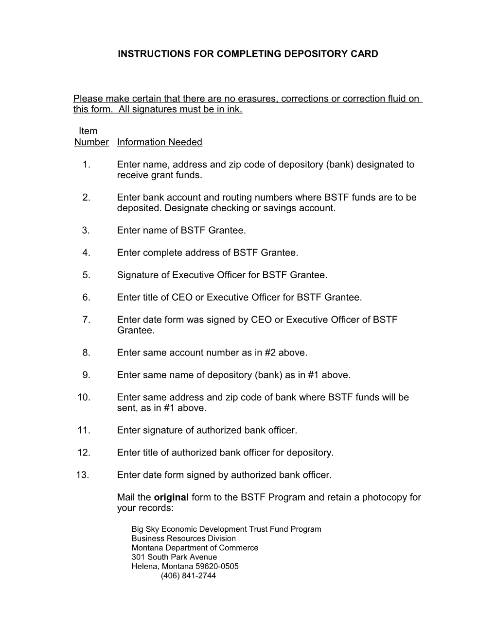 Instructions for Completing Depository Card