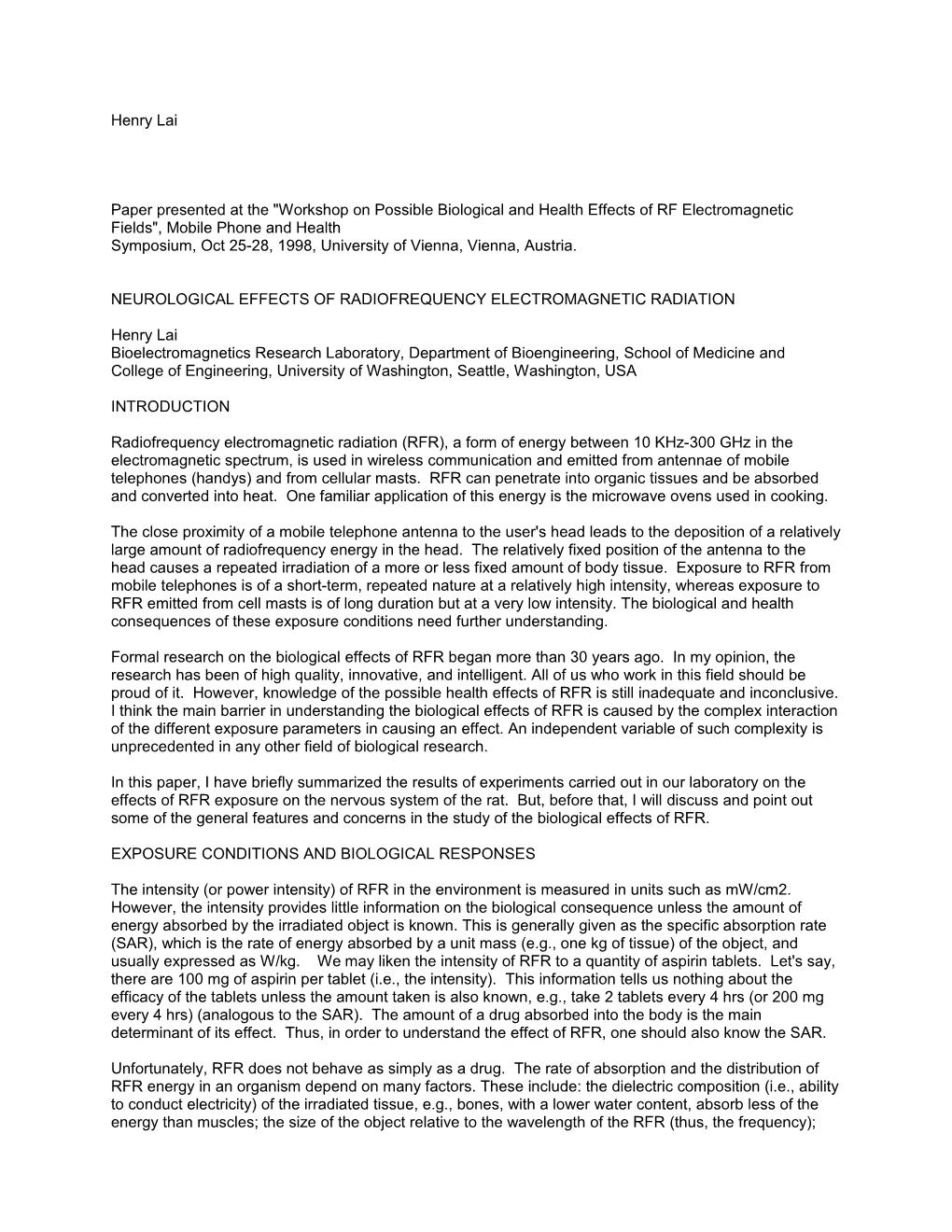 Neurological Effects of Radiofrequency Electromagnetic Radiation