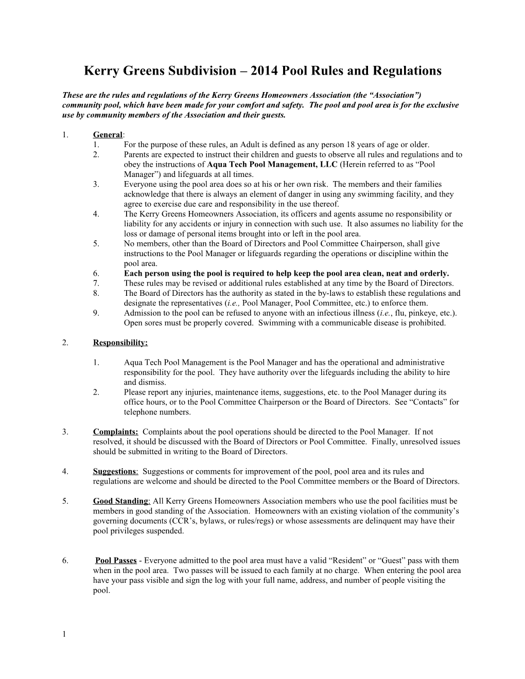 Kerry Greens Subdivision 2014 Pool Rules and Regulations