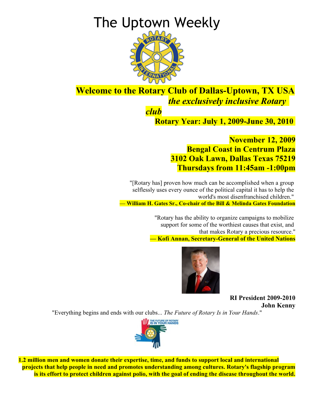 Welcome to the Rotary Club of Dallas-Uptown, TX USA