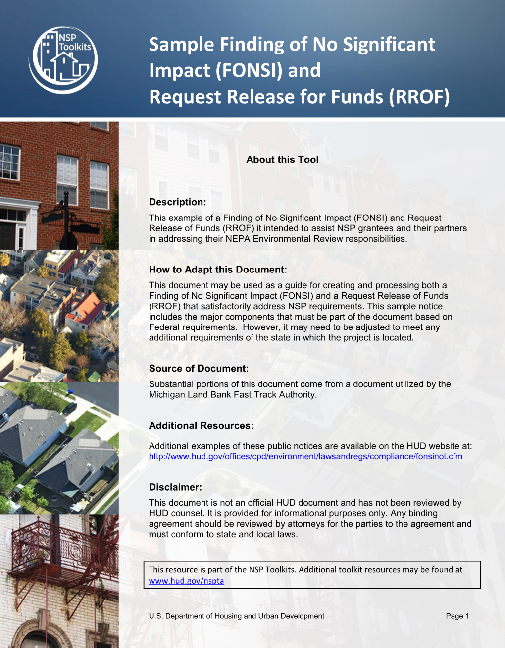 Sample Finding of No Significant Impact (FONSI) and Request Release for Funds (RROF)