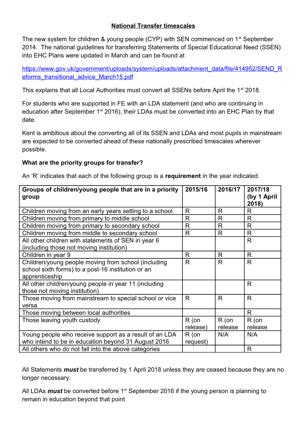 National Transfer Timescales