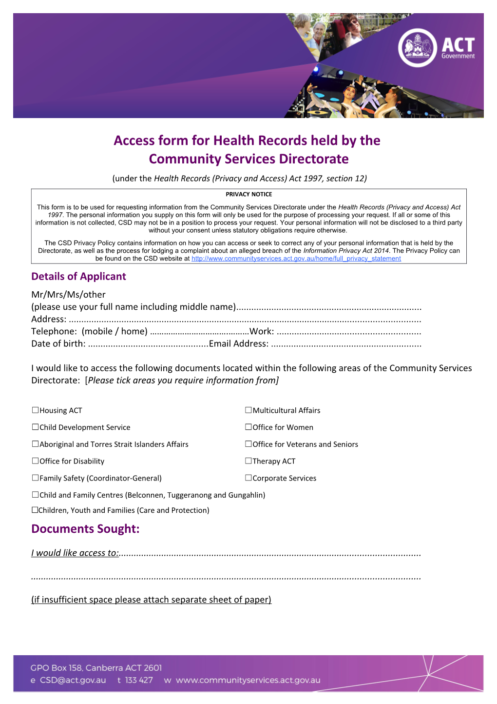 Access Form for Health Records Held by the Community Services Directorate