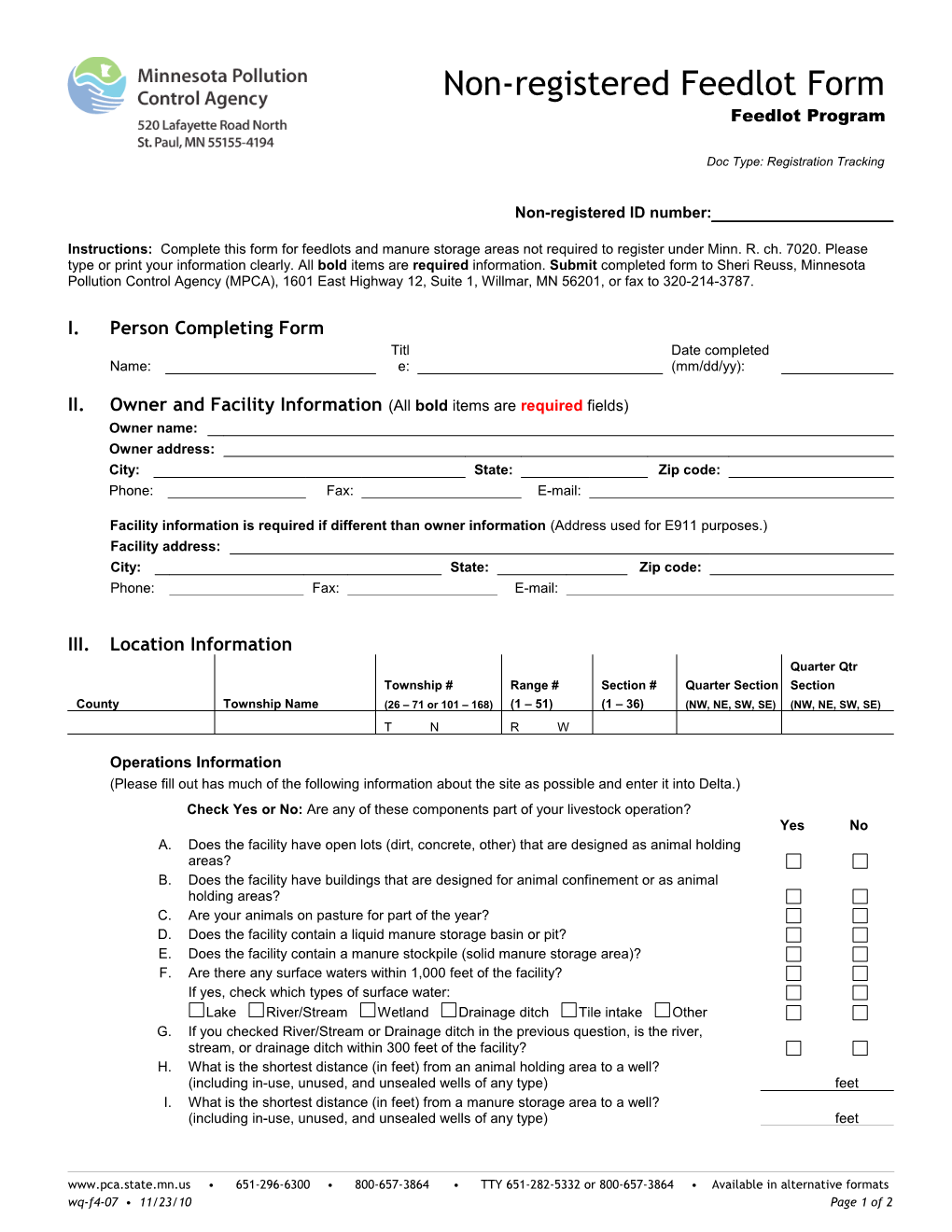 Non-Registered Feedlot Form - Form