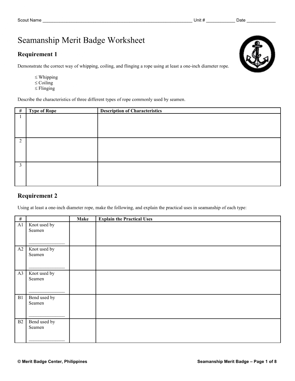 Seamanship Merit Badge Worksheet