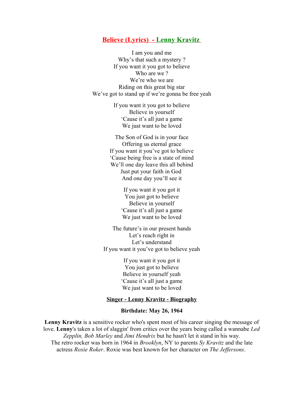 Believe (Lyrics) - Lenny Kravitz