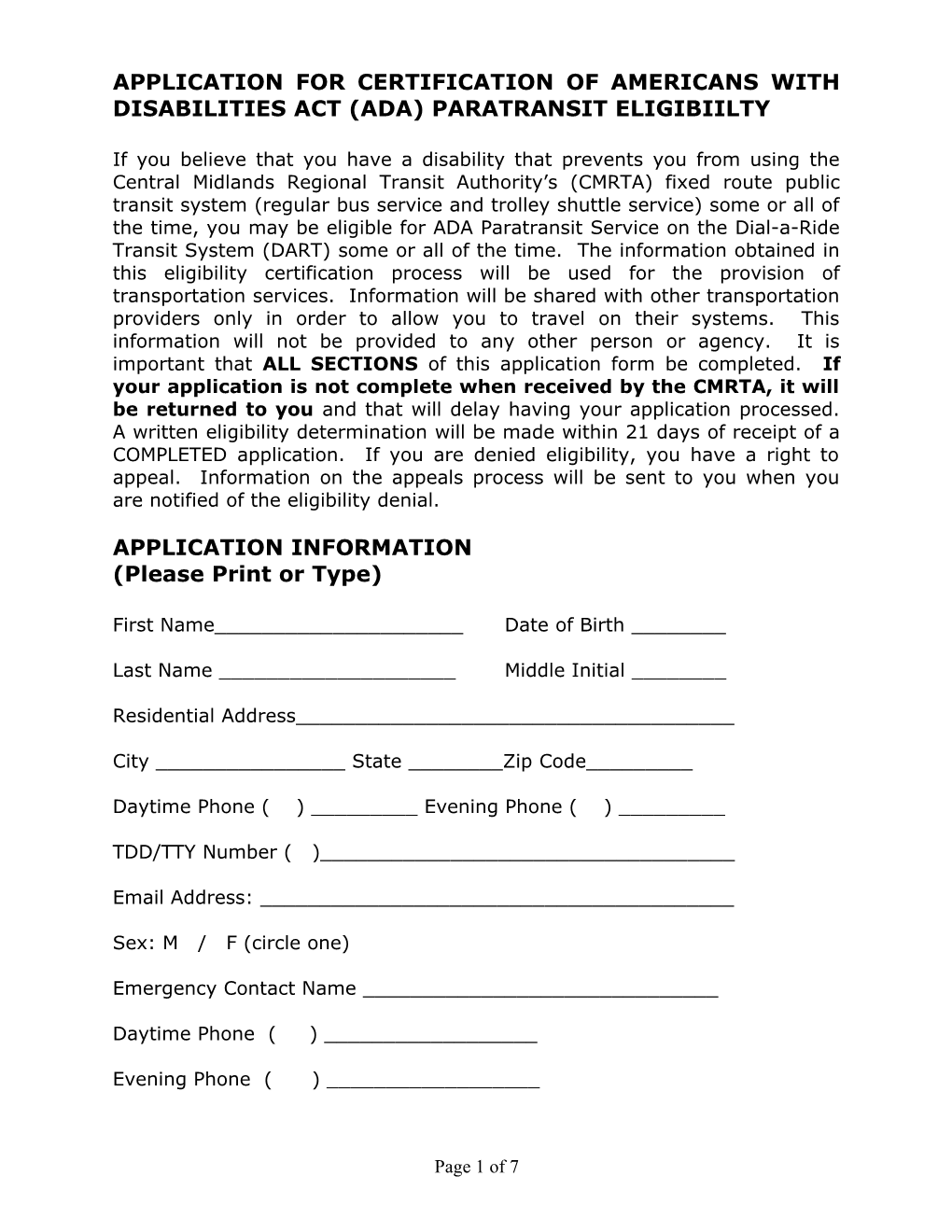 Application for Ada Paratransit Service Certification