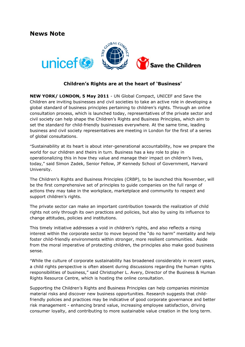 Children S Rights and Business Principles Initiative News Note