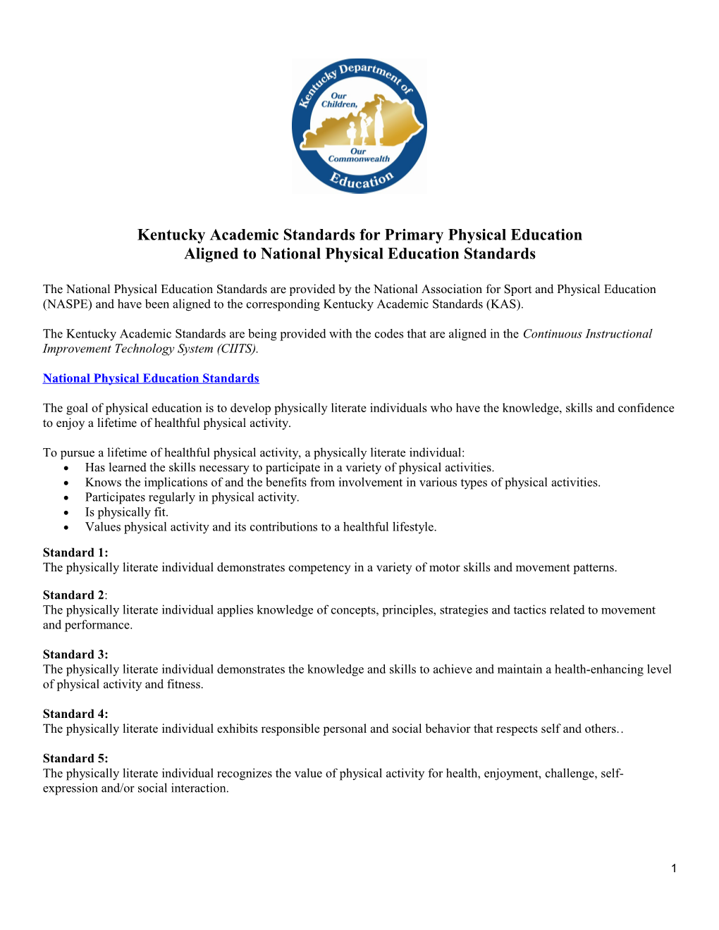 Kentucky Academic Standards for Primary Physical Education