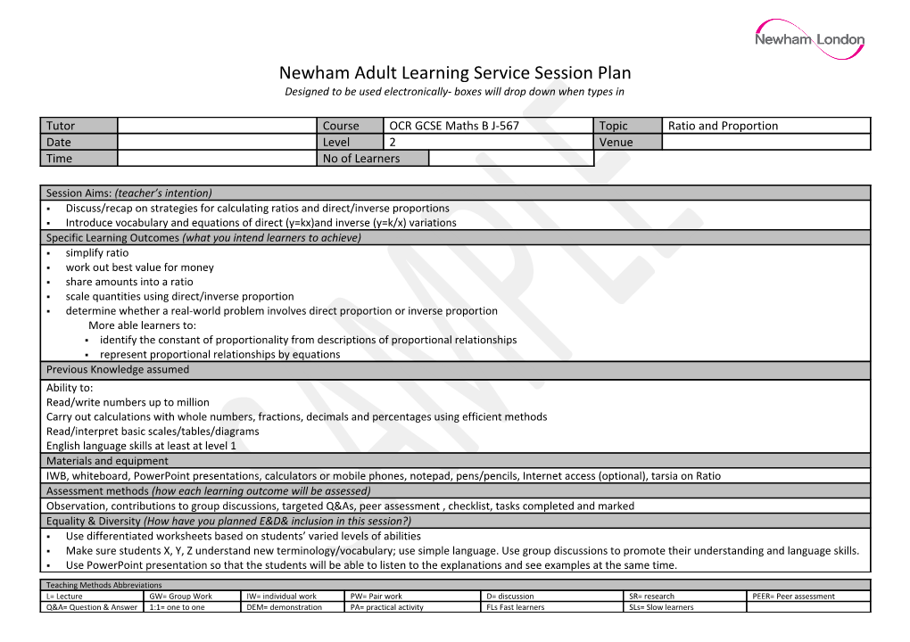 Newham Adult Learning Service Session Plan