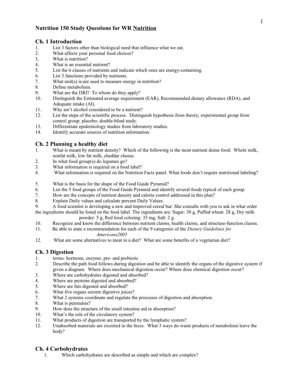 Nutrition 150 Study Questions