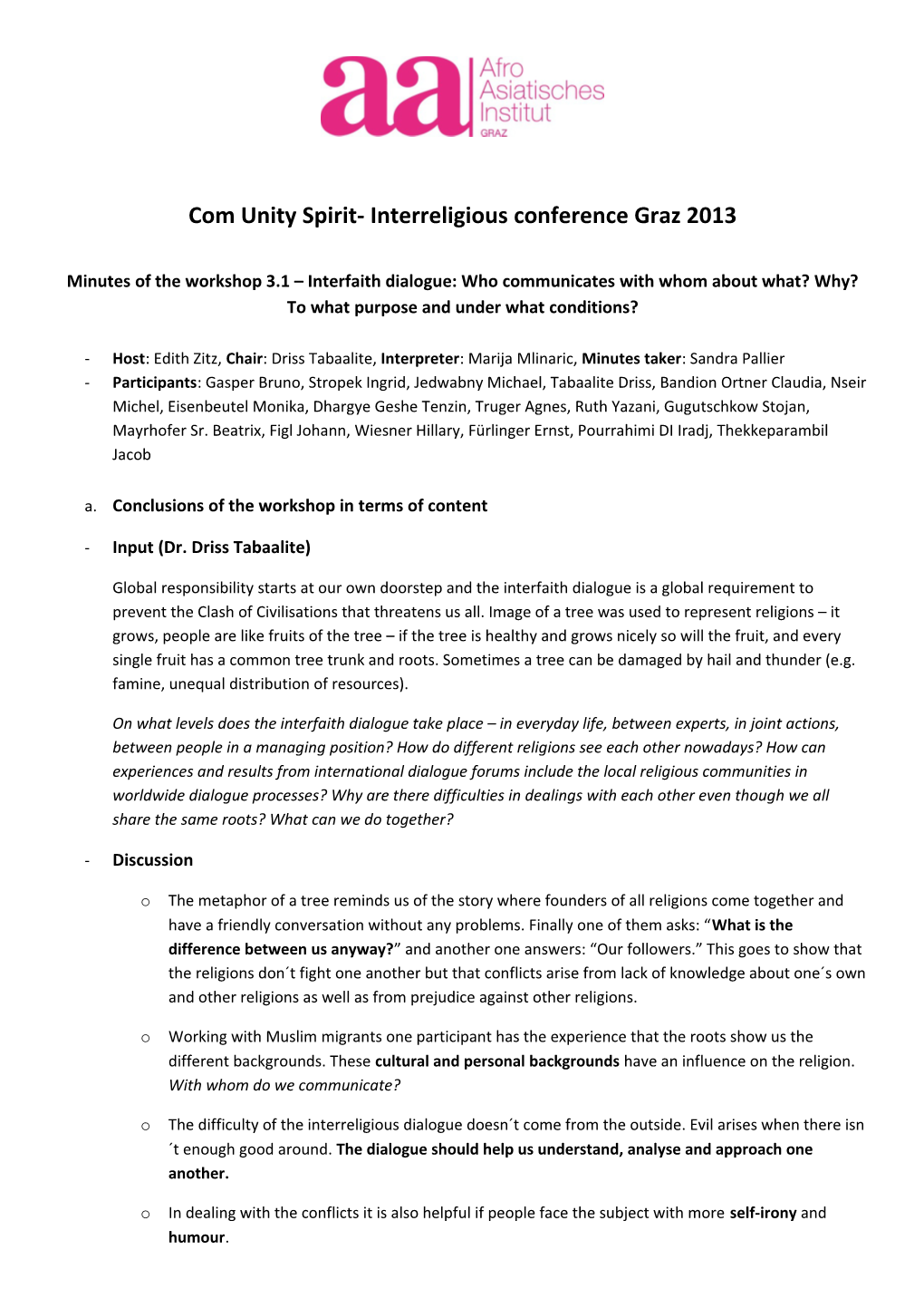 Com Unity Spirit- Interreligious Conference Graz 2013