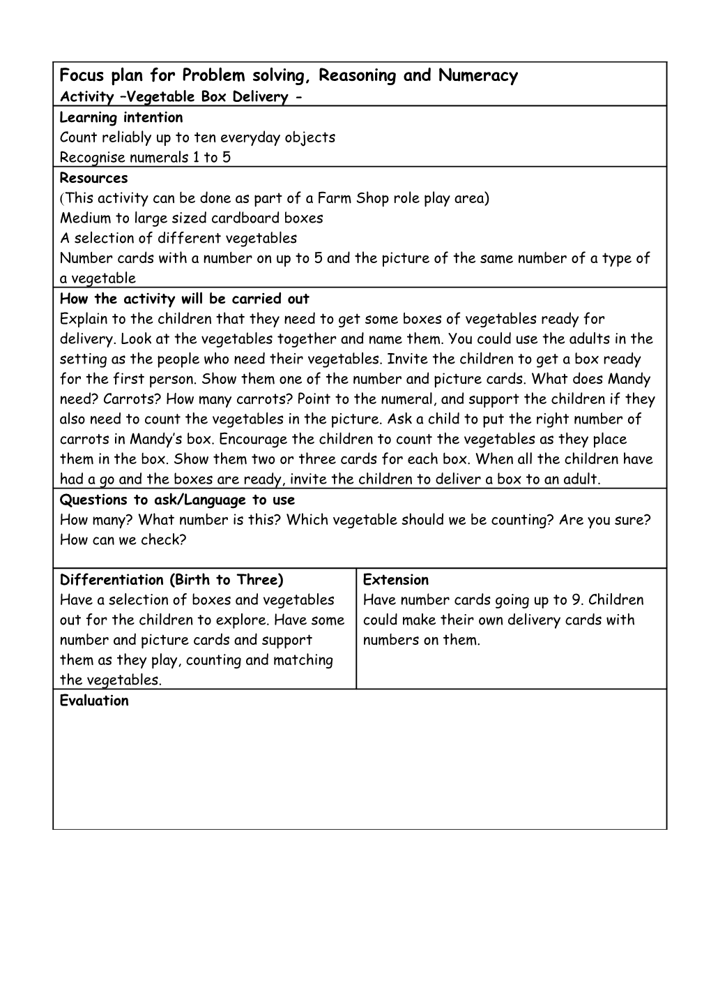 Focus Plan for Circle Time