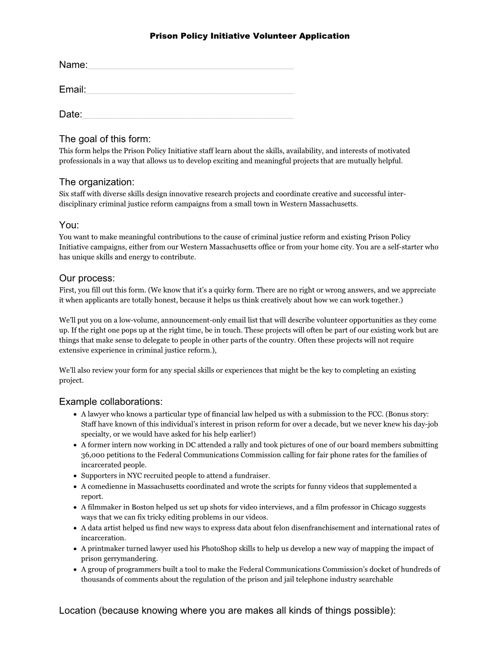 Prison Policy Initiative Volunteer Application