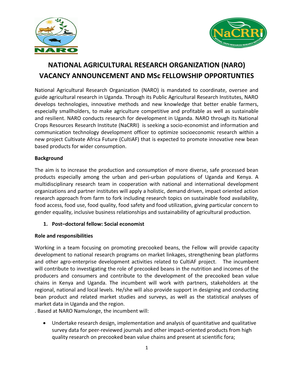 NATIONAL AGRICULTURAL RESEARCH ORGANIZATION (NARO) VACANCY ANNOUNCEMENT and Msc FELLOWSHIP