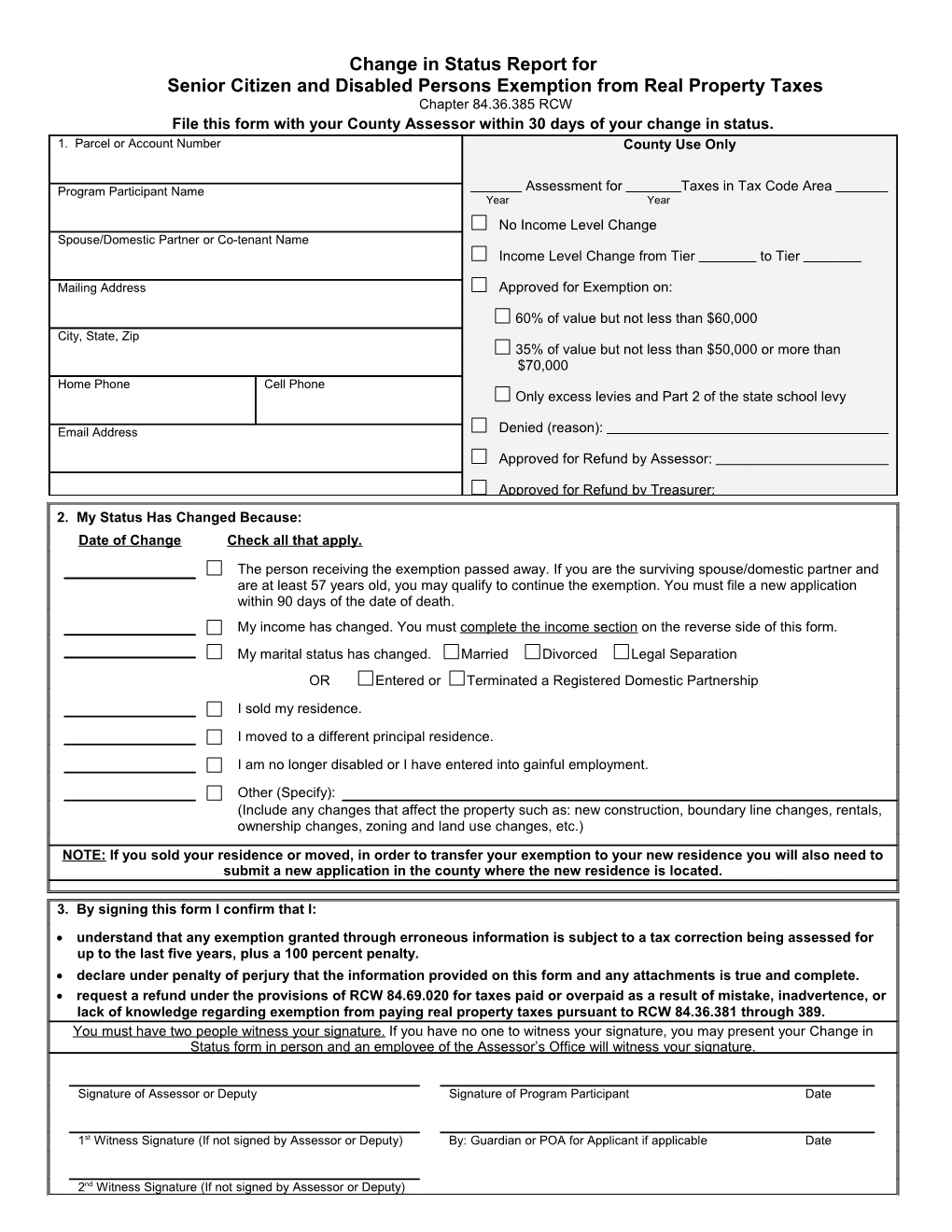 Change in Status Report Forsenior Citizen and Disabled Persons Exemption from Real Property