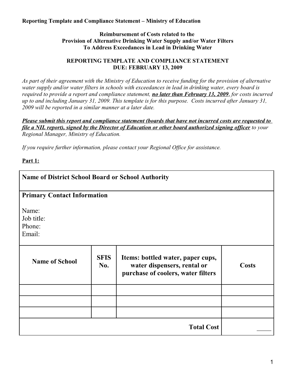 Reporting Template and Compliance Statement Ministry of Education