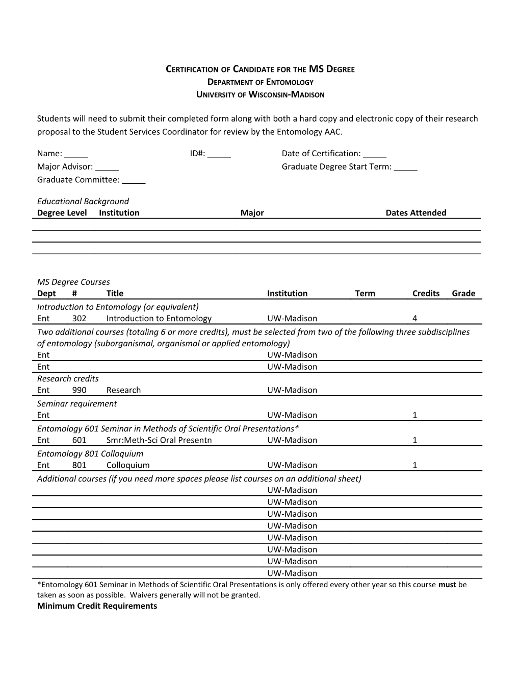 Certification of Candidate for the MS Degree Department of Entomology University Of