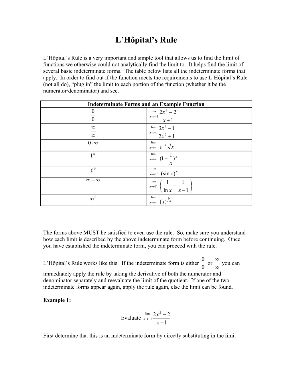 First Determine That This Is an Indeterminate Form by Directly Substituting in the Limit