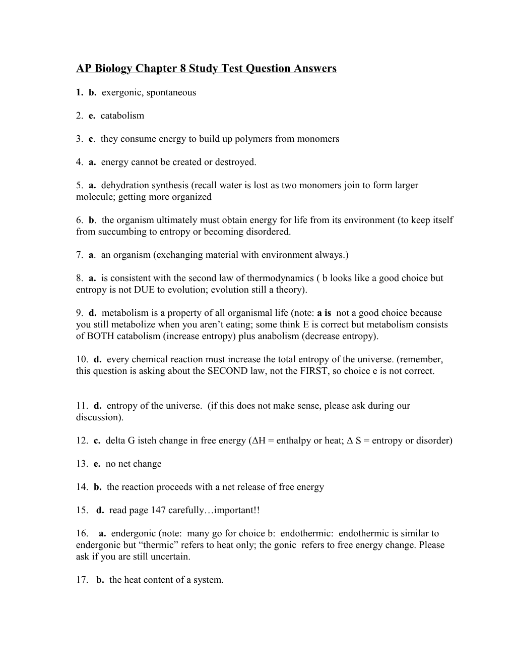 AP Biology Chapter 8 Study Test Question Answers