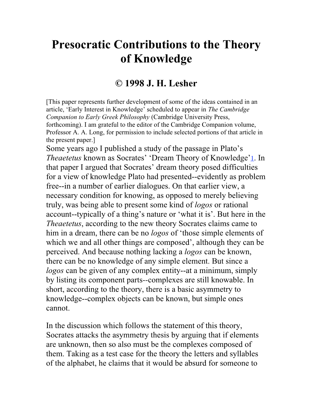 Presocratic Contributions to the Theory of Knowledge