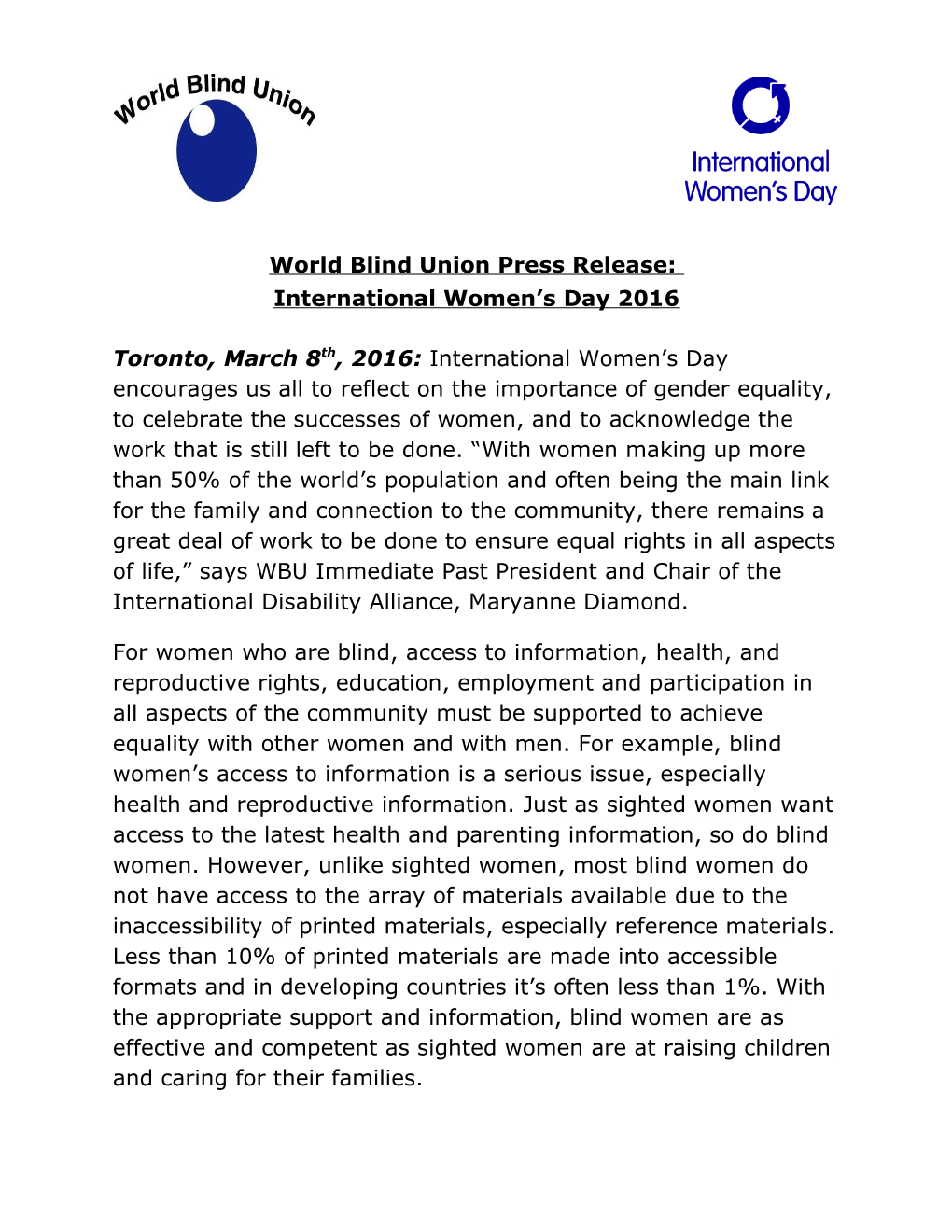 Press Release - International Women's Day 2016