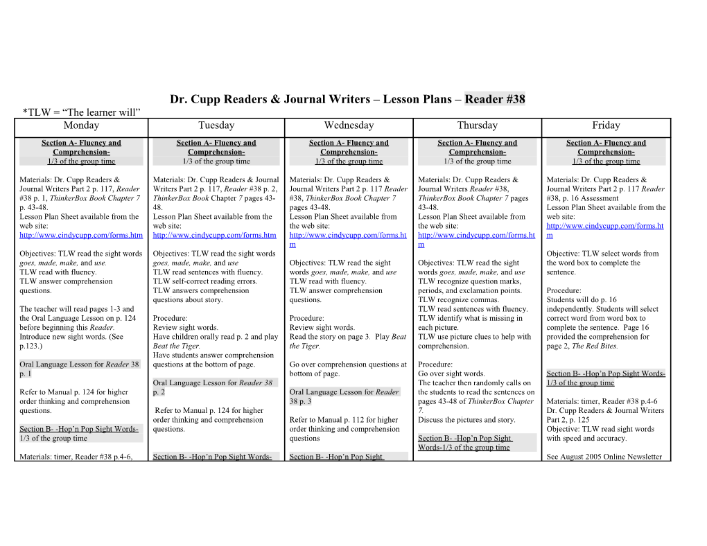 Dr. Cupp Readers & Journal Writers Lesson Plans Reader #38