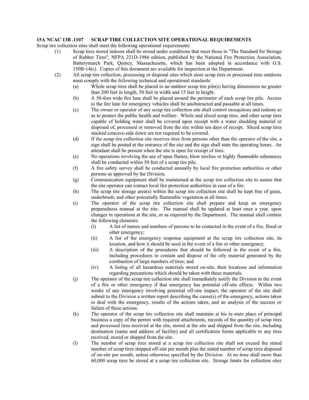 15A Ncac 13B .1107 Scrap Tire Collection Site Operational Requirements