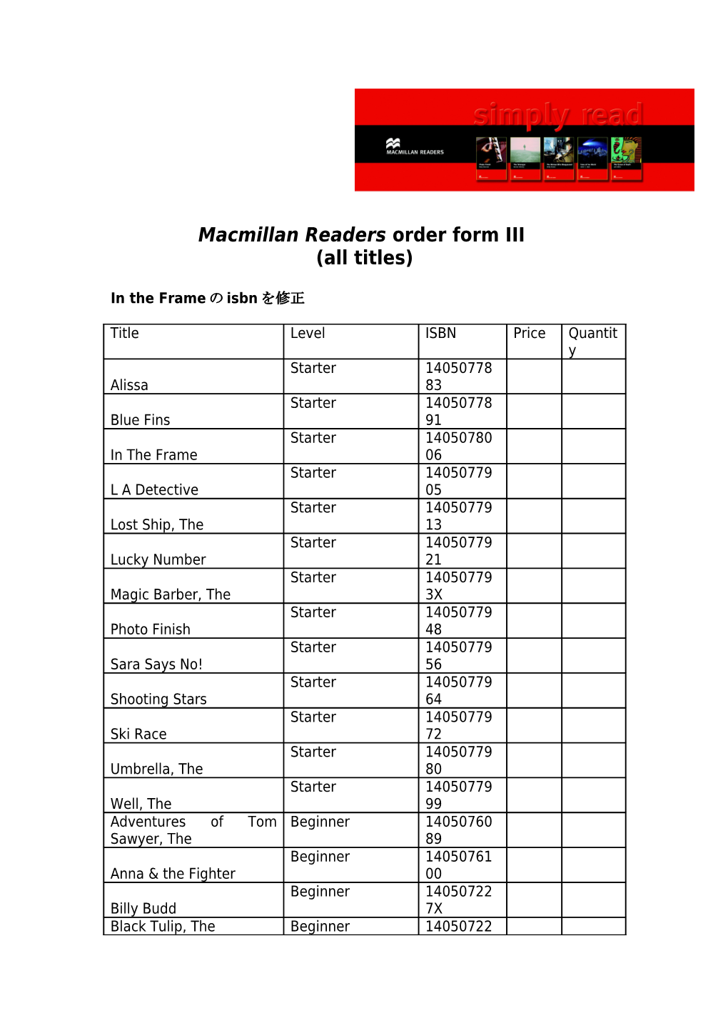 Macmillan Readers Order Form III