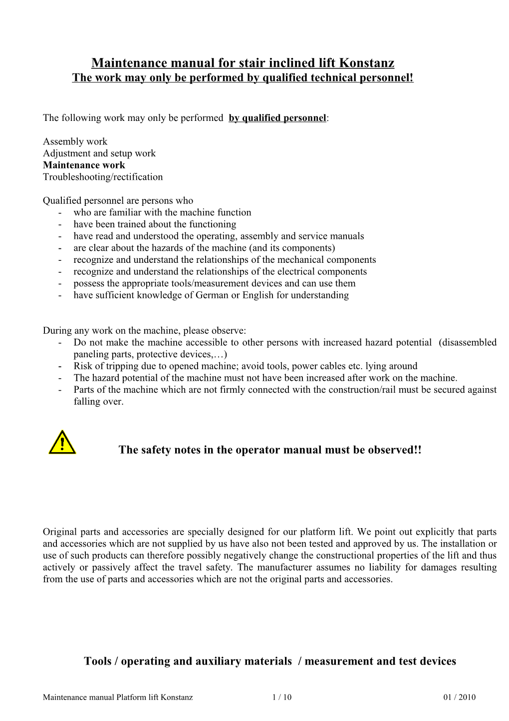 Maintenance Manual for Stair Inclined Lift Konstanz