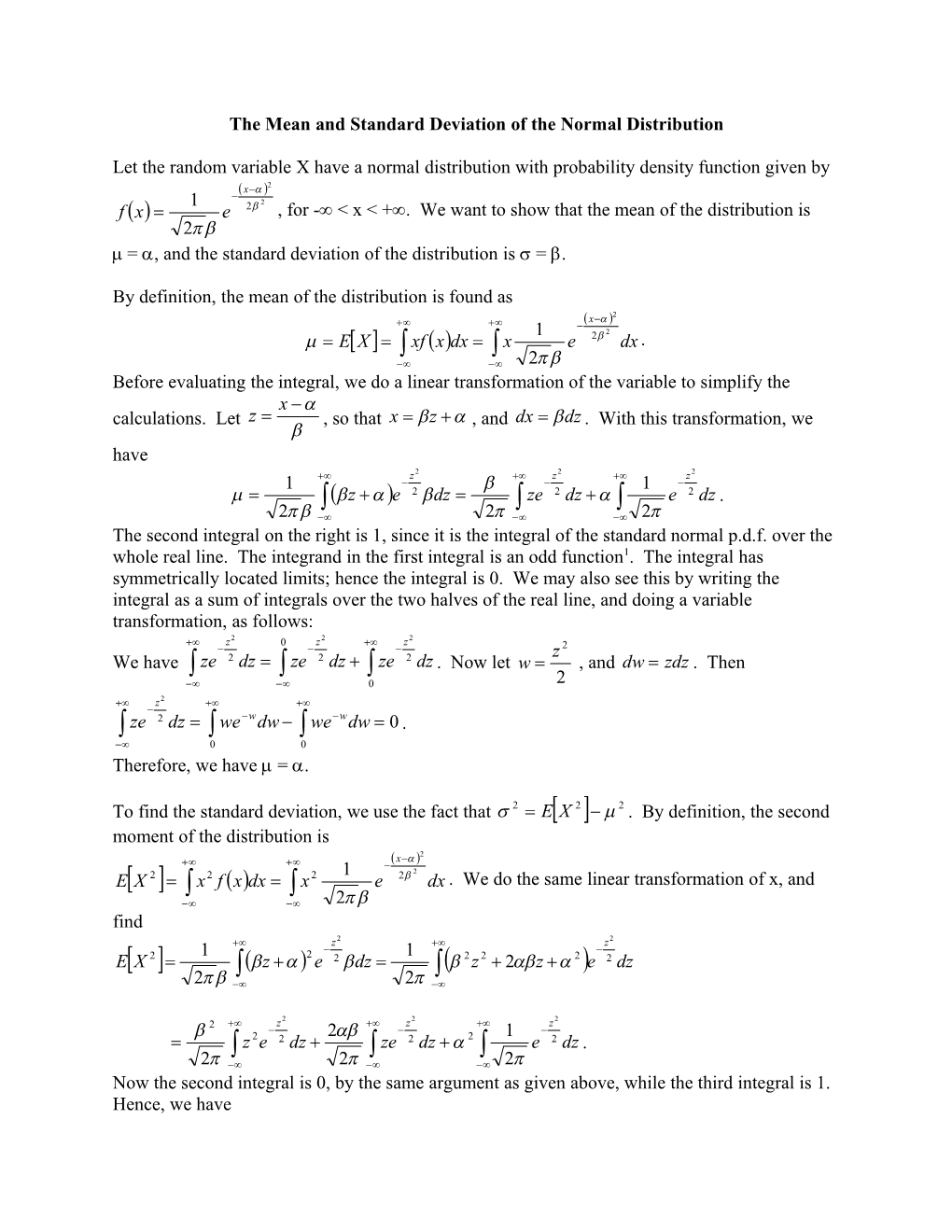 The Mean and Standard Deviation of the Normal Distribution