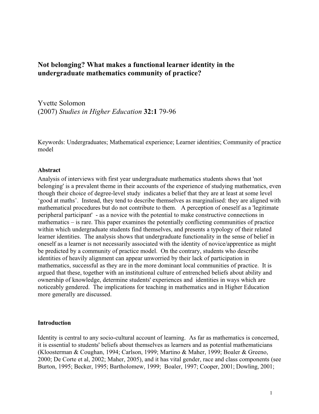 Not Belonging? What Makes a Functional Learner Identity in the Undergraduate Mathematics