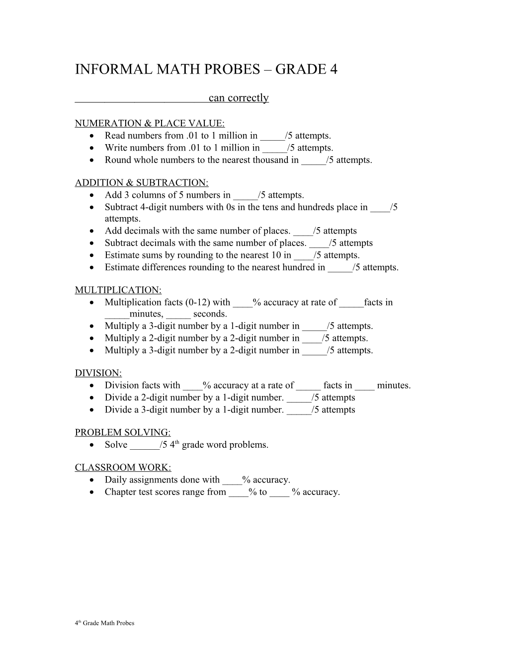 Informal Math Probes Grade 4