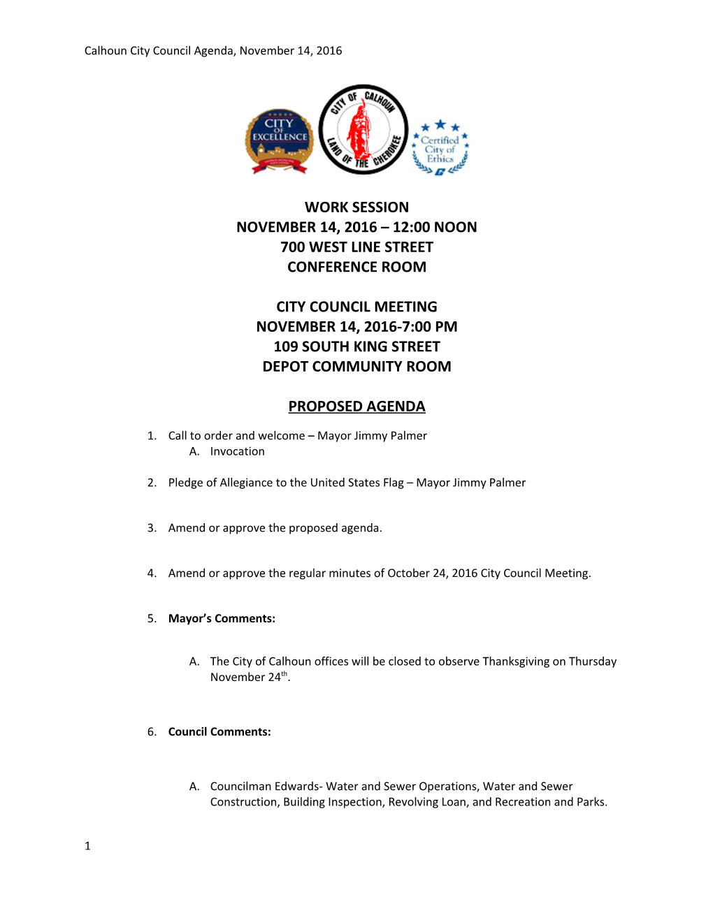 Calhoun City Council Agenda, November 14, 2016