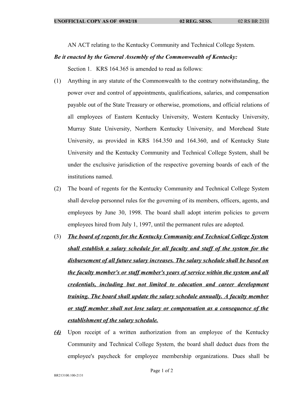 AN ACT Relating to the Kentucky Community and Technical College System