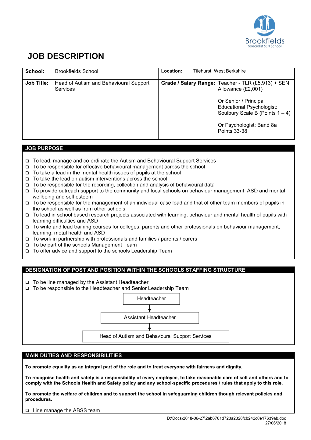 H: OFFICE STAFF Job Descriptions As at 2011 Job Descriptions Head of Autism and Behavioural