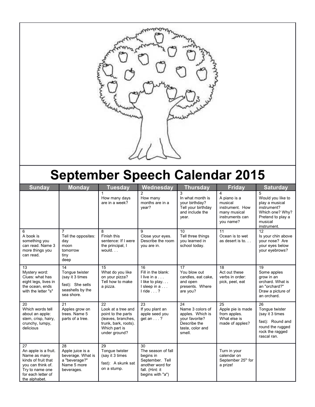 September Speech Calendar 2015