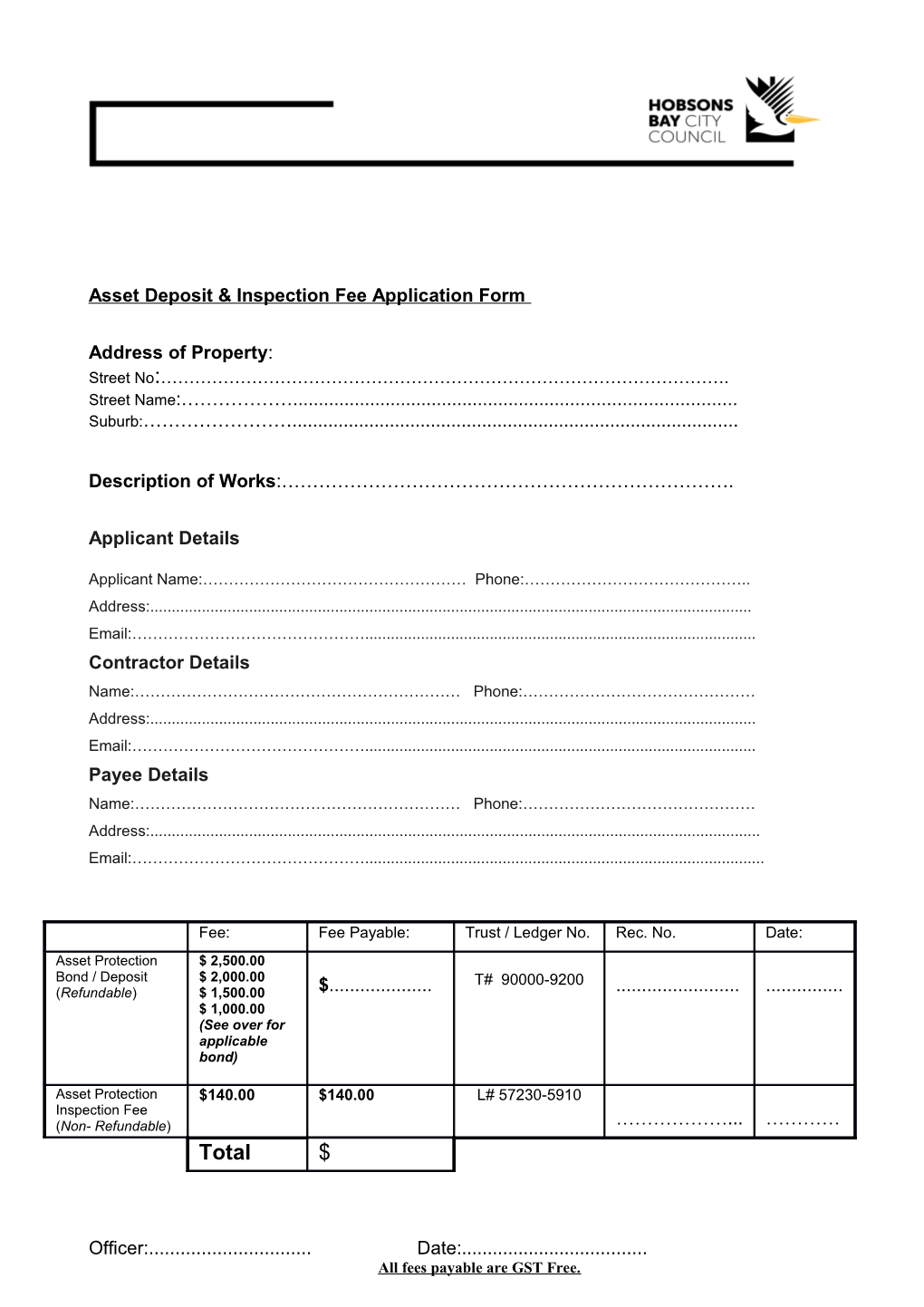 Asset Deposit & Inspection Fee Application Form