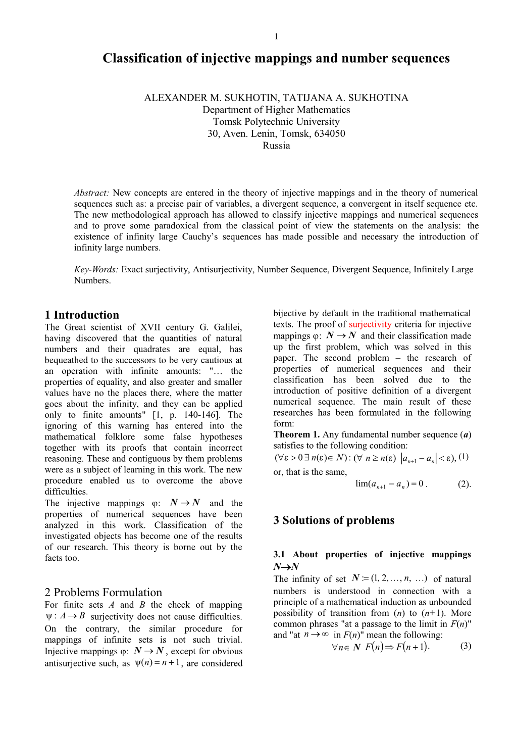 Classification of Injective Mappings and Numerical Sequences