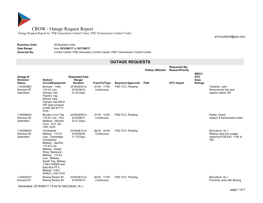 Outage Request Report for PSE Generation Control Center, PSE Transmission Control Center