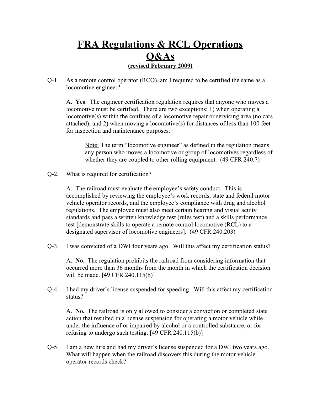 FRA Regulations & RCL Operations