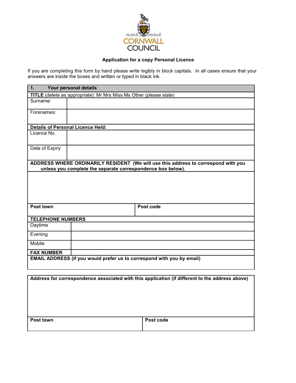 Application for a Copy Personal Licence