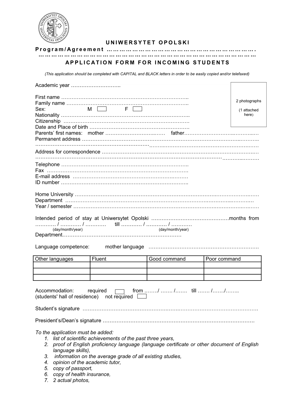 Application Form for Incoming Students