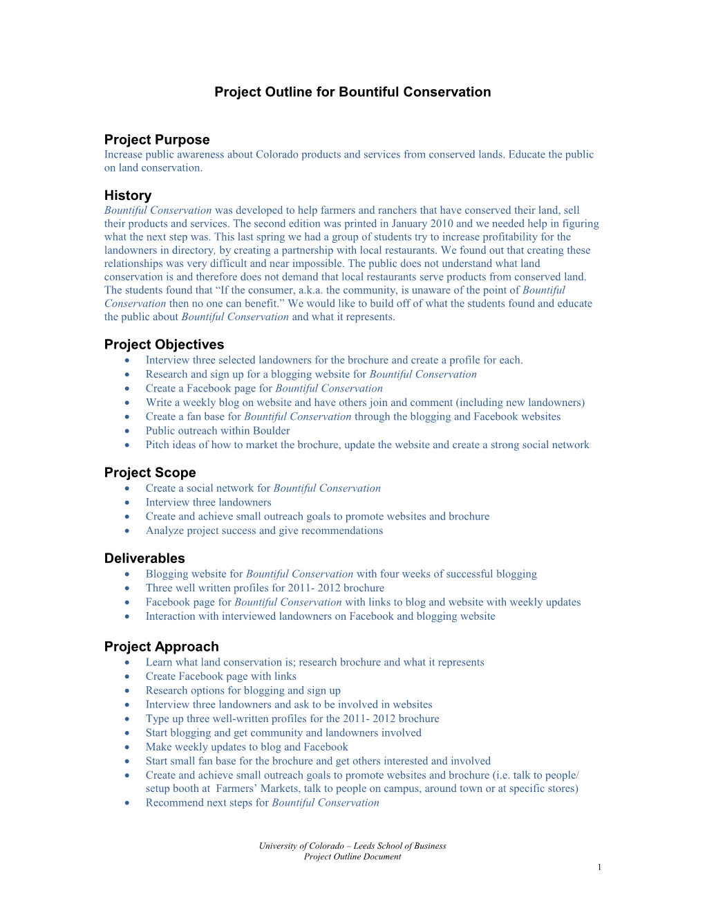 Project Outline for Bountiful Conservation